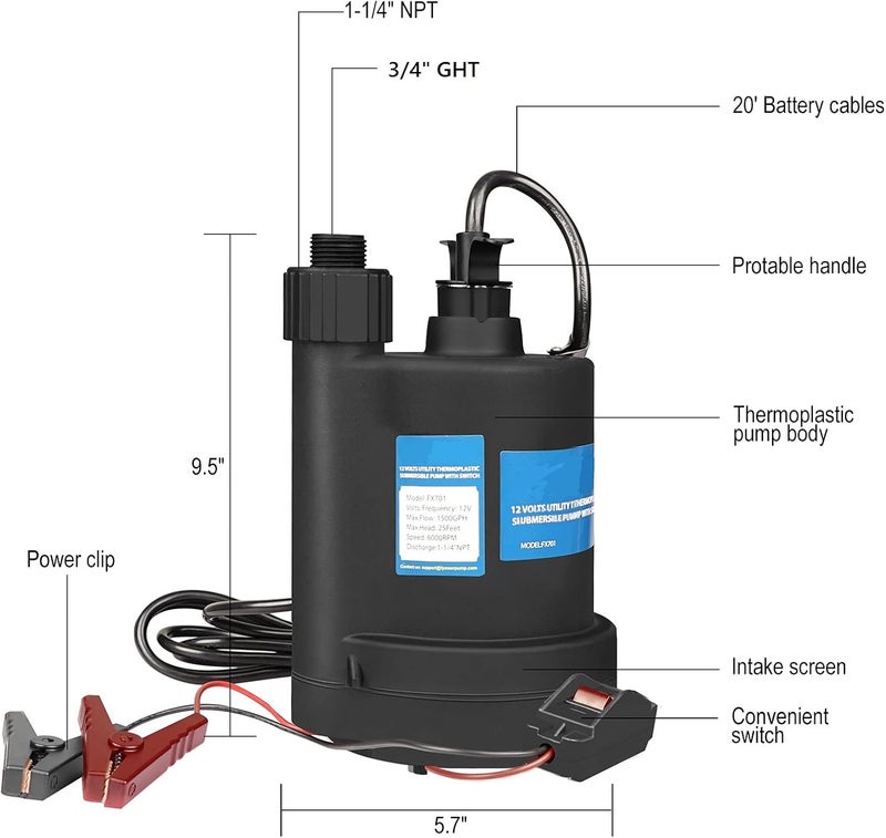 FLOWPAC Water Pump Submersible Pump DC 12V Sump Pump 1500 GPH Utility Pump With Switch-Black - Image 3
